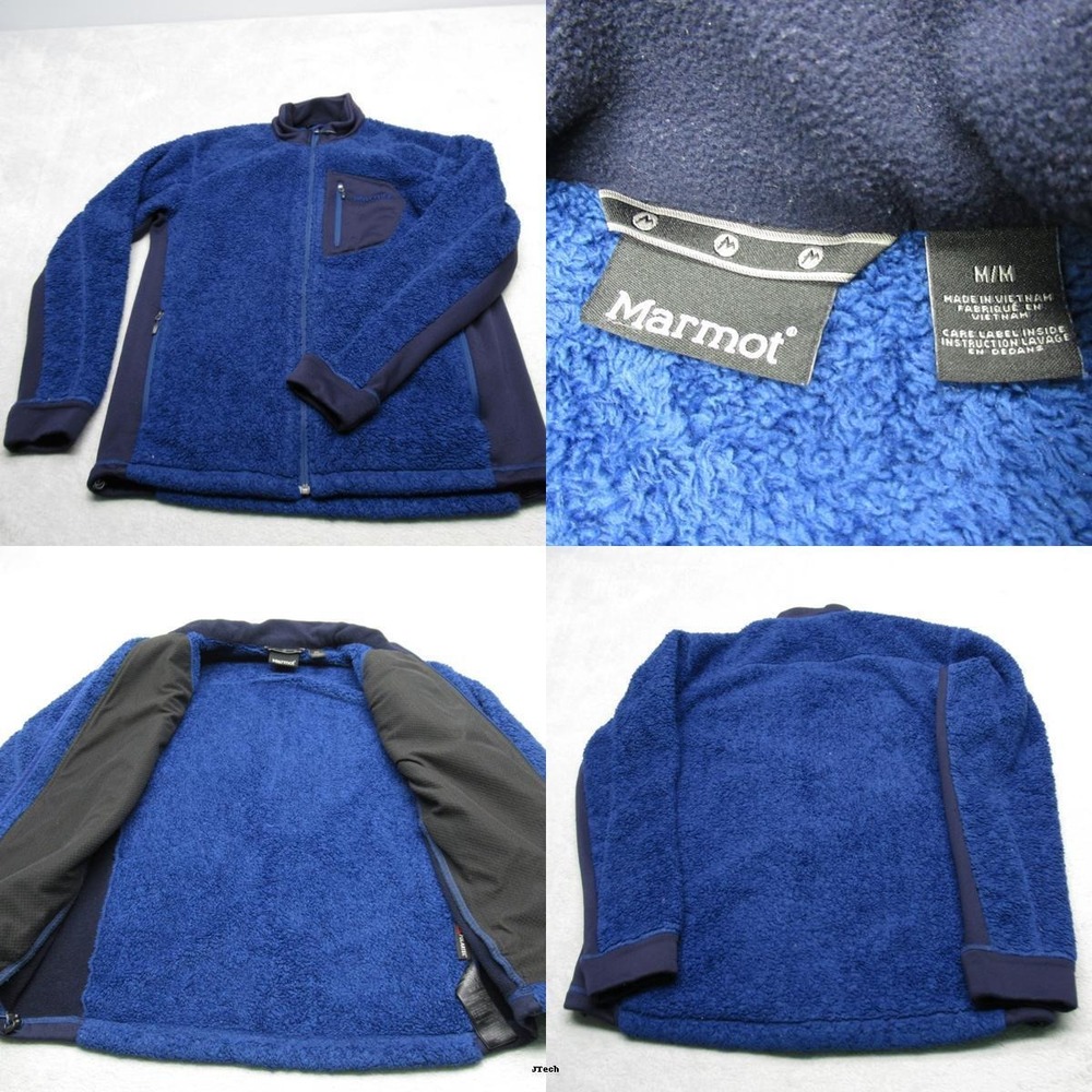 Marmot Jacket Men Medium Blue Polartec Fuzzy Fleece Sherpa Full Zip Outdoor